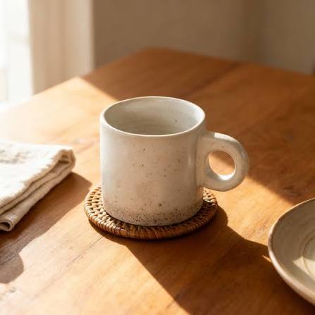 Speckled cream ceramic mug with a round handle on a rattan coaster, on a sunlit wooden table